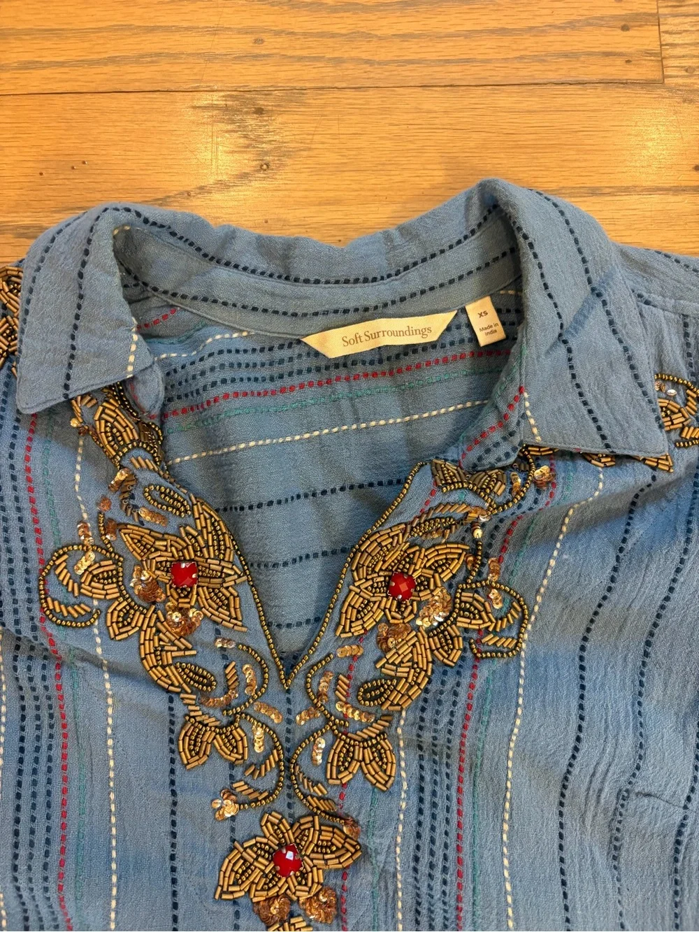 Soft Surroundings Blue Striped Tunic with Gold & Red Embroidery
